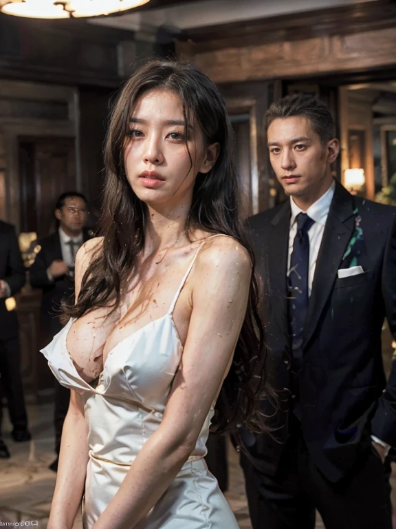 original photo，depth of field，dramatic，Inspired by the 007 movie，(Real movie stills:1.3)，007 movie style，(best quality, high resolution:1.2), perfect composition，Super detailed details, (actual、lifelike、Realism:1.3),Full body female love，Tall man，sexy woman，((1名女人和2名Tall man在一起)), The woman&#39;s hair is very messy，Woman wearing intricate evening dress，hollow，pattern，badge，Torn evening gown，sexy cleavage，Threatening atmosphere,007 atmosphere, Threatening atmosphere,Agent atmosphere， close up, Perfect body，性感的long legs，long legs，Highly detailed facial details,  real background，Stills from the real 007 movie，Movie plot，(sharp focus:1.2), Very detailed, (lifelike:1.4), (The original image, 8K high resolution:1.2), RAW candid movies, 16 mm, Color graded Portra 400 film, Surreal, subsurface scattering, Ray tracing, (Volumetric lighting)，The woman is soaked all over，((Behind the woman stood two other men in suits.))，2 men hit woman from behind，Torn skirt