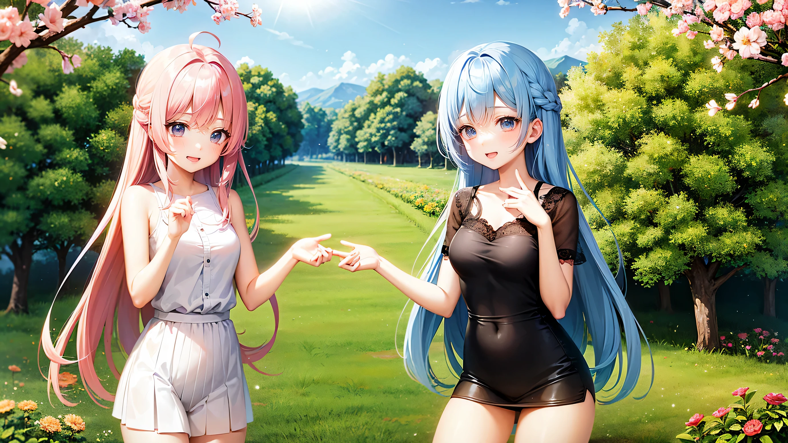Two pure and innocent girls、child、2 people(1 person with pink hair、1 name light blue hair)、cute face、beautiful eyes、topless、nipple、beauty of nature、warm sunshine pouring down、wild flowers swaying in the breeze々Surrounded by、enjoying time in the fields。Butterflies and birds fly around her、Adds a playful atmosphere。