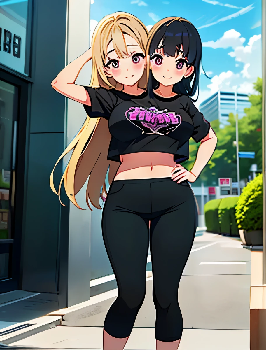 (masterpiece),(ultra-detailed), (high quality), (high resolution), (best quality:1.5, highres, UHD), highres, absurdo, ultra detail, ultra quality, ((2heads:1.5)), 1girl, Ultra resolution, 16k, best quality, 1girl, (blonde hair), (black hair), long hair, violet eyes, black t shirt, ((5 foot girl)), teenage girl, midriff.((black pants), pink skirt pants, gentle smile, blushing,  figure