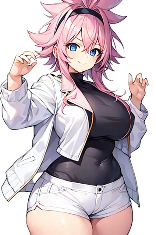 1girl, pink hair, spiked hair, black headband, headband, large breasts, breasts, thick thighs, wide hips, smile, blue eyes, white pants, white shorts, short pants, jacket, white jacket, cropped jacket, black shirt, shirt