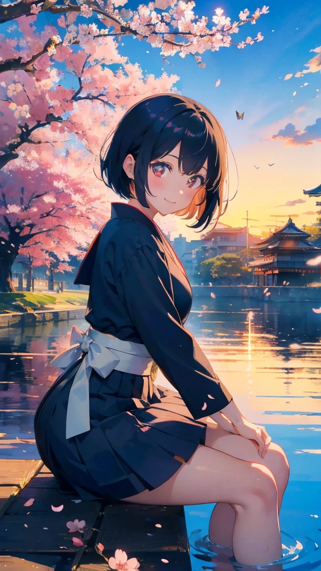 1 anime girl, Schoolgirls in the Meiji Period,Hakama with crest,alone,Black petals flutter, A mysteriously shining butterfly.city,Black vibrant hair,bright black jewel eyes,short bob,thin legs,very clear,highest quality,smile,,cherry blossomsの花びらに触れる,cherry blossoms,空に舞うたくさんのcherry blossomsの花,beautiful blue sky,meteor,Meiji-era cityscape,Taisho Roman,sitting in the water,playing in the river,barefoot,sunset,sunset