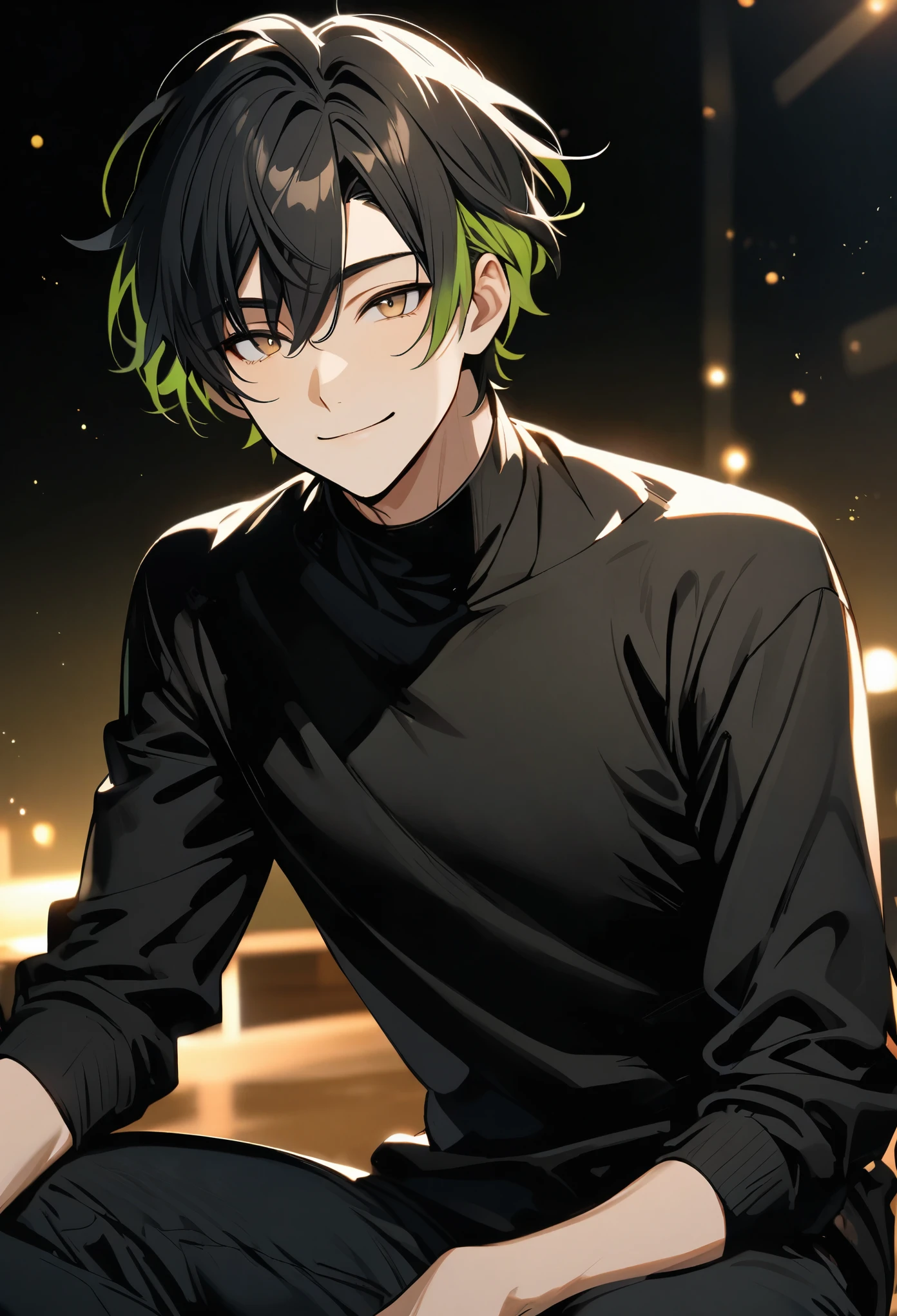 Handsome, solo, 1 male, short hair, black hair, green highlights on the tips, light brown eyes, smile facial, black shirt, long sleeves, black short pant