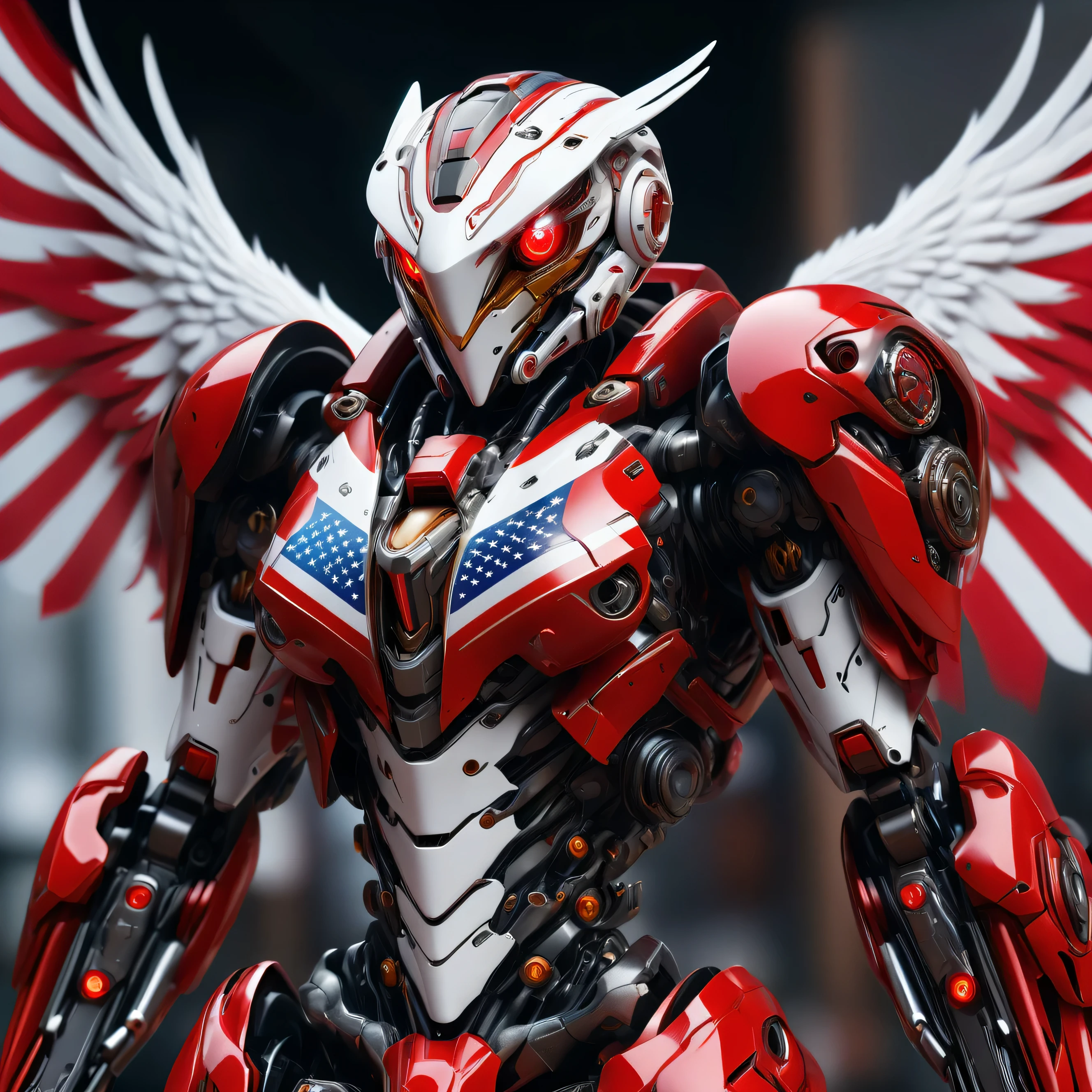 um ultra detalhado, hiper realismo, arte digital, of a mecha eagle, olhos vermelhos, in elegant red and white cyborg armor with mechanical parts and cyborg helmet with the United States flag in the background photo , science fiction armor, Armadura superdetalhada, texturas de carbono, Fantasma na Concha, deus ex, tiro de corpo inteiro, action pose, ultra sharp focus, fotografia premiada, contraste perfeito, alta nitidez, profundidade de campo, fotografia ultra detalhada, Global illumination, suave, 35mm, Full body view, ultra high definition, 8k, motor irreal 5, ultra sharp focus, fotografia premiada, trends on Artstation