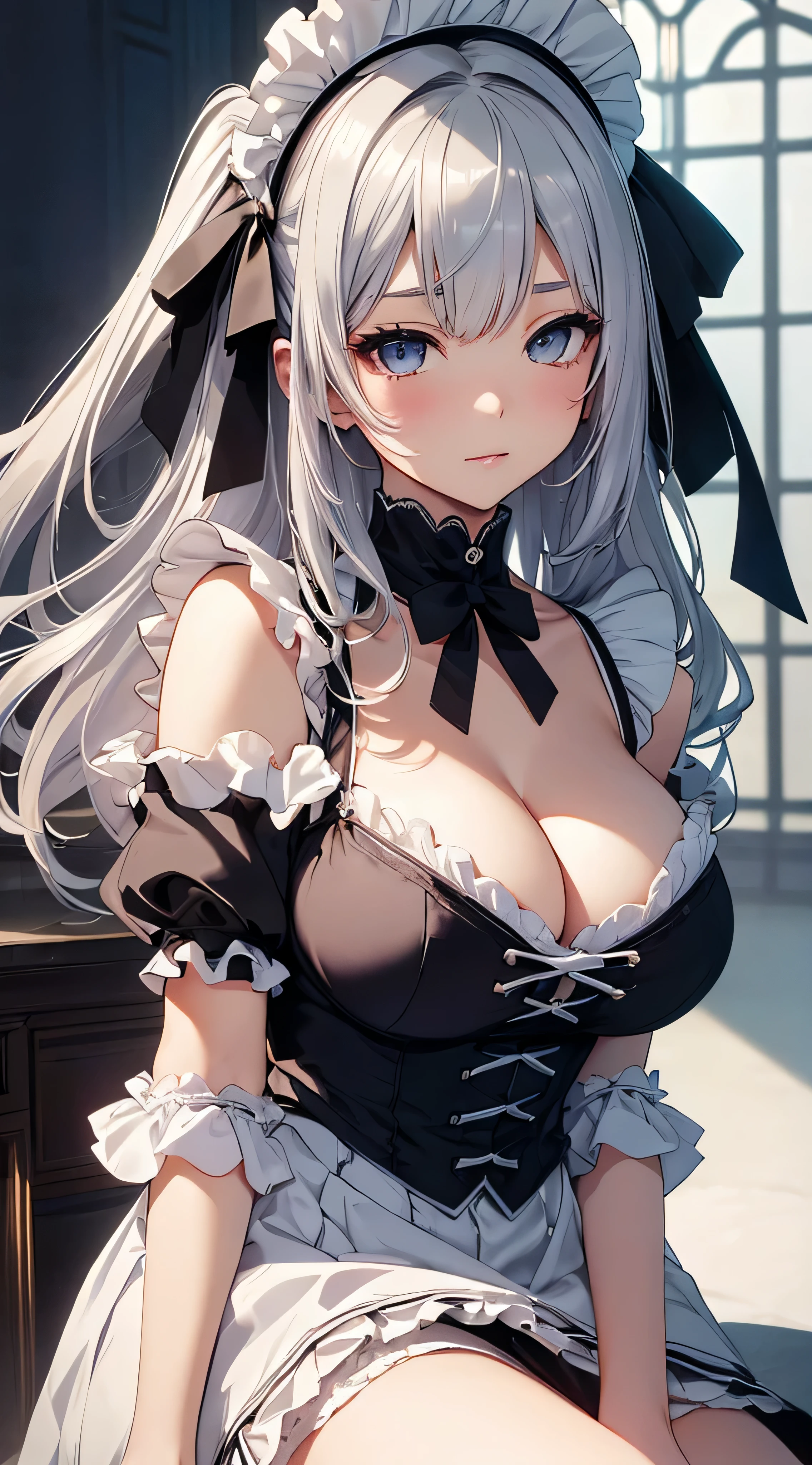 high color saturation、masterpiece、highest quality、High resolution、very delicate and beautiful、beautiful breasts、woman1people、((woman1people、solid color background、hair length、silver hair、thick legal clothing、skirt、maid Cafe))、Huge 、off shoulder、cleavage、bbw、