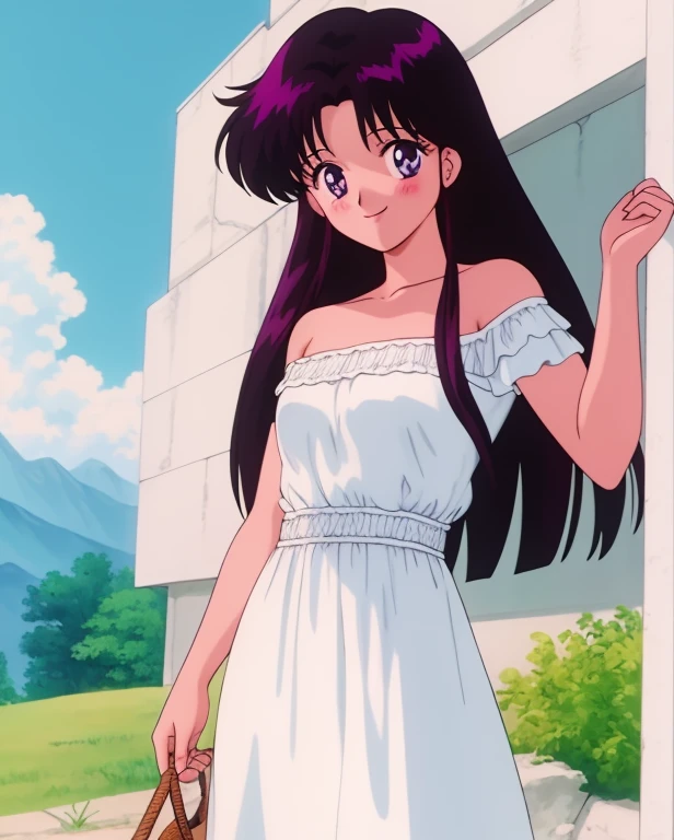 1990s \(style\), masterpiece, best quality, highres, outdoors, small breasts, 1 girl, Solo, ReiHino, Purple Eyes, Beautiful Detail Eyes, Long Black Hair, Good hands are down, Smile, Blushing, Bare Neck, Bare Shoulders, strapless, White Ruffle Off-the-Shoulder Top, White maxi dress. Cowboy shot. A landscape of blue skies and high mountains, and green valley. In the center. Standing and putting her hands near a wall, showing her back side