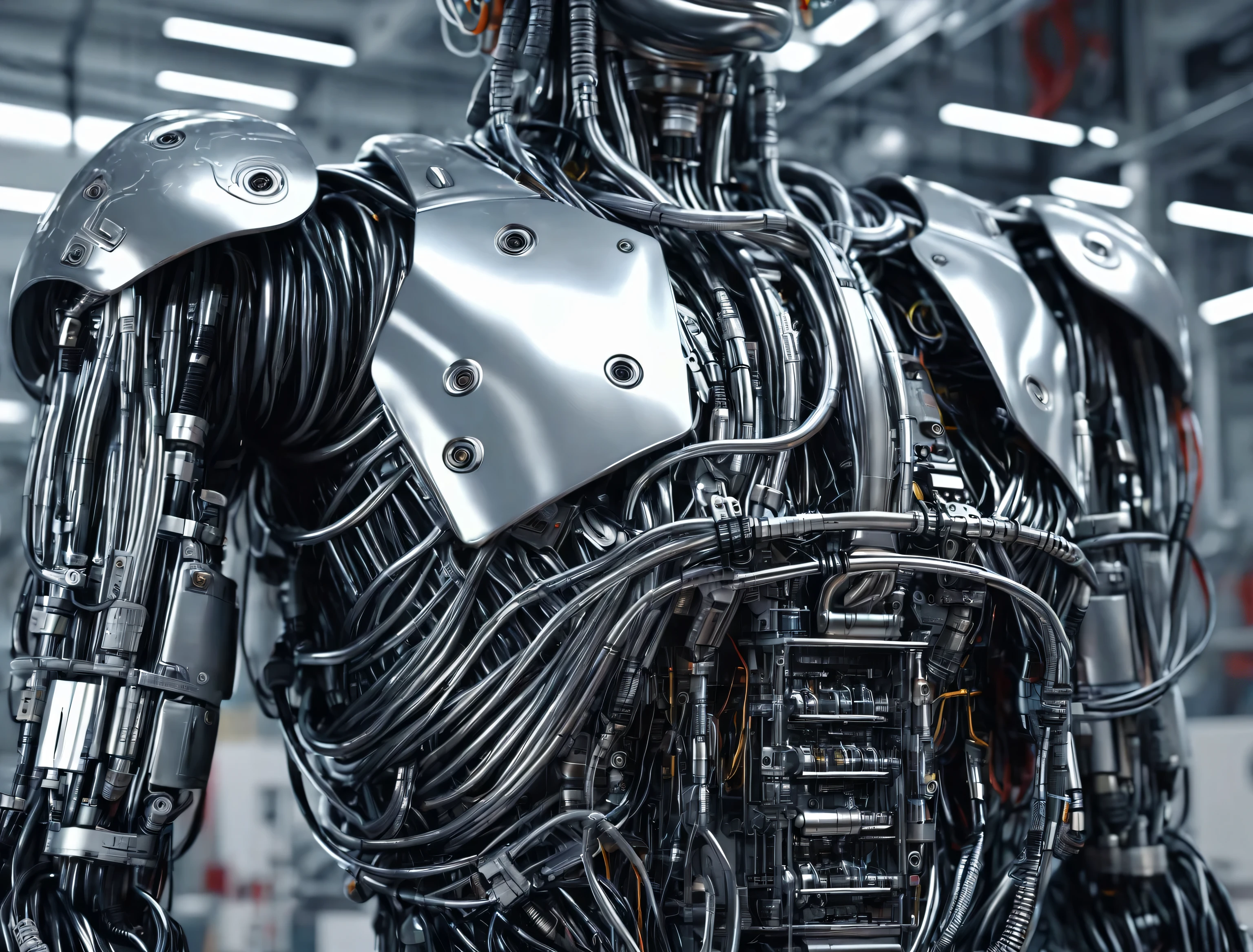 Metal cyborg robotic torso in close-up, cables, tubes, it is in a high-tech retro-Soviet style laboratory, cables, tubes and machines, Ultra detailed, hyperrealistic, 4k, Ultra detailed image, realistic, Highly detailed, perfect composition, splendid, Intricately detailed, Incredibly detailed, 8 k artistic photography, hyper detailed, Masterpiece, Ultra detailed, hyper realistic, 4k, Ultra detailed image, realistic, Highly detailed, perfect composition, splendid, Intricately detailed , Incredibly detailed, 8 k artistic photography, hyper detailed , Masterpiece