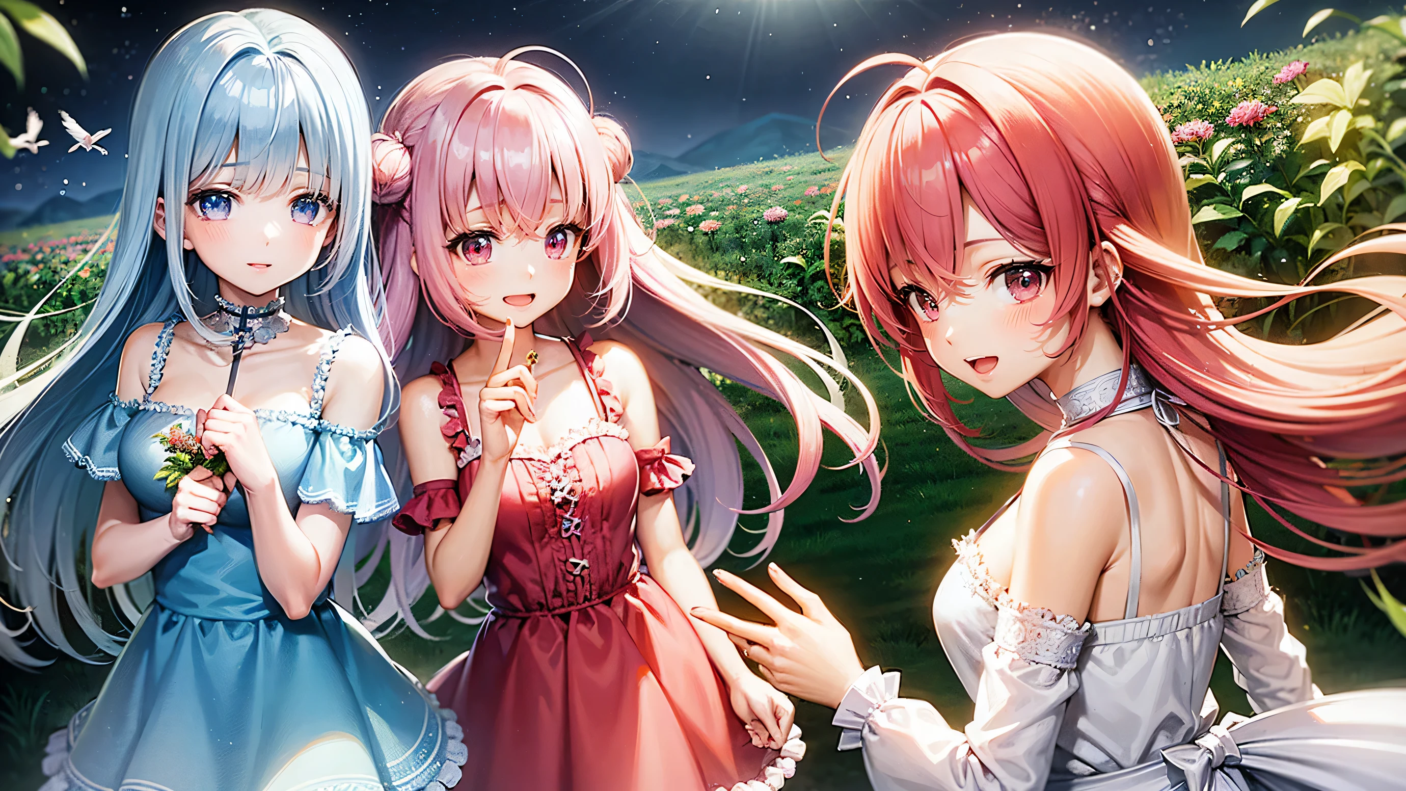 two innocent girls、、2 people(One with pink hair、1 name light blue hair)、18-year-old、cute face、smile、open your mouth、Two fingers in mouth、Ahe face、Drool、beautiful eyes、beauty of nature、Warm sunshine、wild flowers swaying in the wind々surrounded by、enjoy time in the field。Butterflies and birds fly around her、Add a playful atmosphere、magical girl clothes