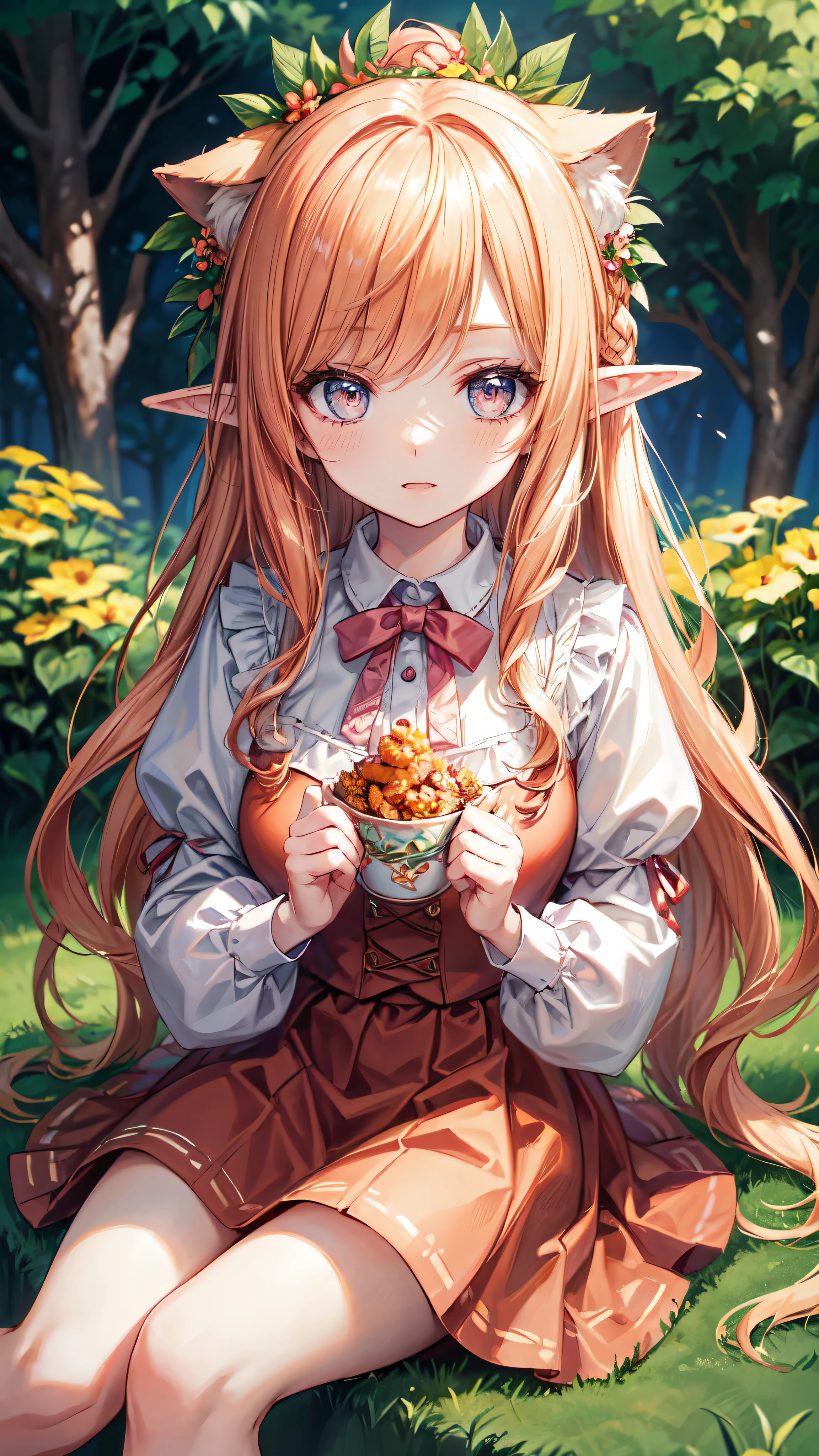 a girl , with long orange hair, dressed in a pink skirt with many flowers on her neck, and a huge cat on her head, sitting in a garden full of flowers and much light, elf girl, detailed face, detailed eyes, detailed hands, half naked