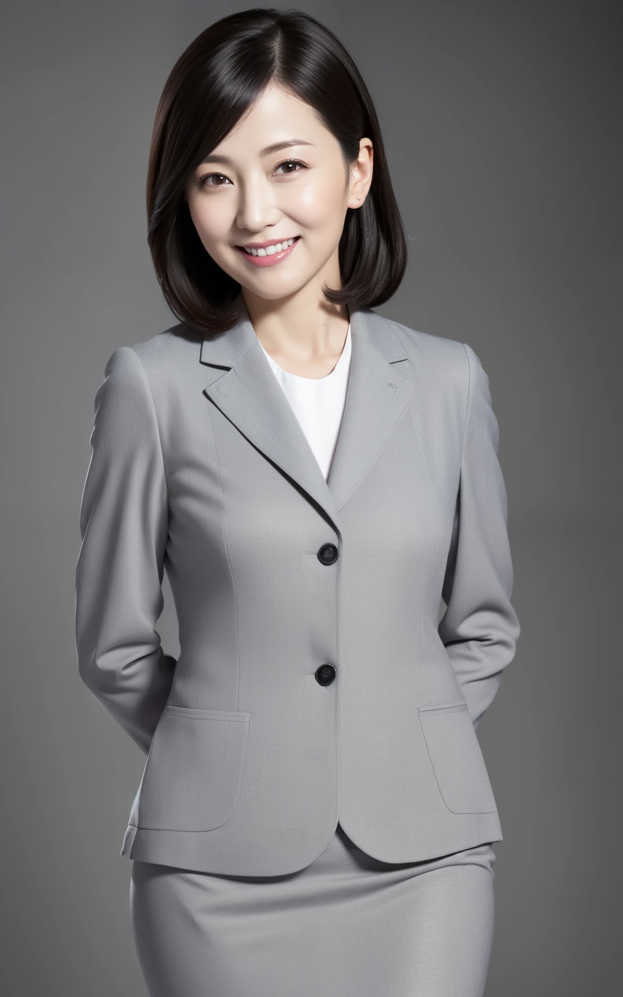 Masterpiece, Best quality, (seductive clerk:1), ((Portrait:1.3)), Smile, Gray professional wear, skin hyper-detail, Clear pores,in a panoramic view,Cocked buttocks, black lence stockings,Beautiful young Japanese mature, 40 years old, Perfect face, Fantastic look, (Detailed facial features), Clean and nice face