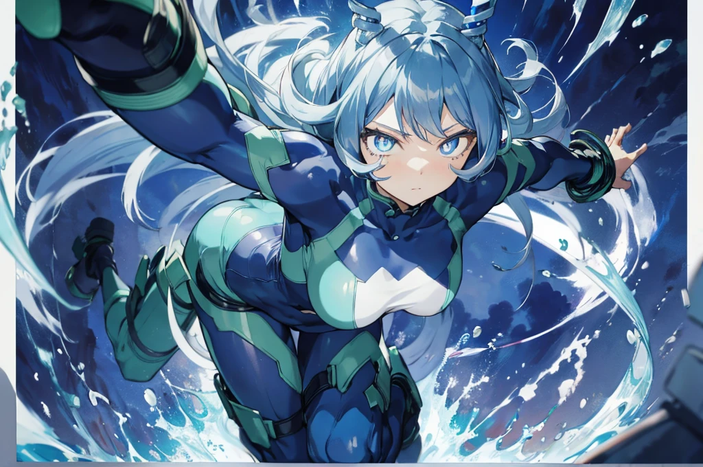 Nejirehadu, Nejire Wave, blue eyes, blue hair, long hair,
壊す blue body suit, body suit, drill hair, gloves, green body suit, multicolored body suit, colorful clothes, yellow gloves,
((壊す full body)),squat，spread your legs，arms up behind，
break white background，Break from below，looking down，lower your gaze，
breaking dynamic shot，kung fu pose，highest quality, High resolution, unity 8k wallpaper, (shape:0.8), (beautiful and detailed eyes:1.6), highly detailed face, perfect sentence, Detailed CG, (perfect hands, perfect anatomy),