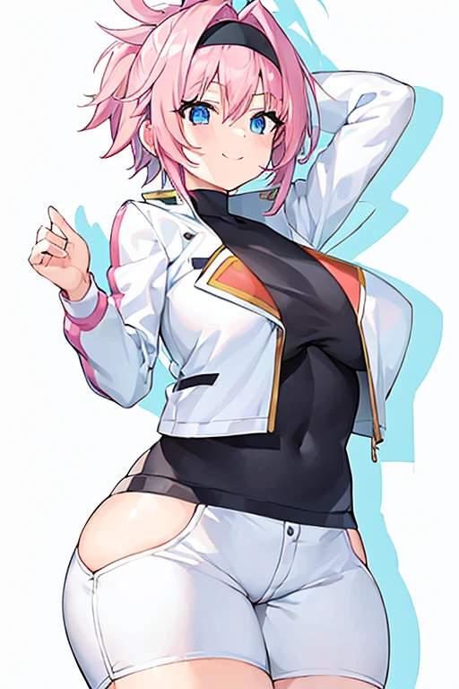 1girl, pink hair, spiked hair, black headband, headband, large breasts, breasts, thick thighs, wide hips, smile, blue eyes, white pants, white shorts, short pants, jacket, white jacket, cropped jacket, black shirt, shirt, eula, eula /(genshin impact/)