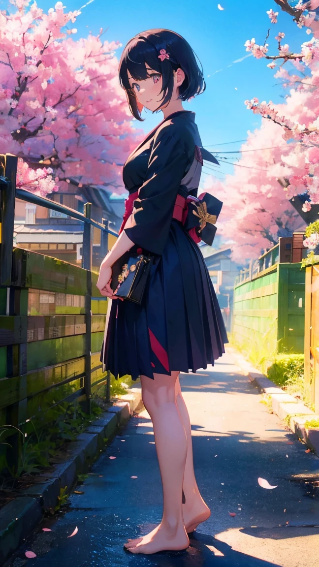 1 anime girl, girls in the Meiji Period,Hakama with crest,alone,Black petals flutter, A mysteriously shining butterfly.city,Black vibrant hair,bright black jewel eyes,short bob,thin legs,very clear,highest quality,smile,,cherry blossomsの花びらに触れる,cherry blossoms,空に舞うたくさんのcherry blossomsの花,beautiful blue sky,meteor,Meiji-era cityscape,Taisho Roman,standing pose,barefoot,