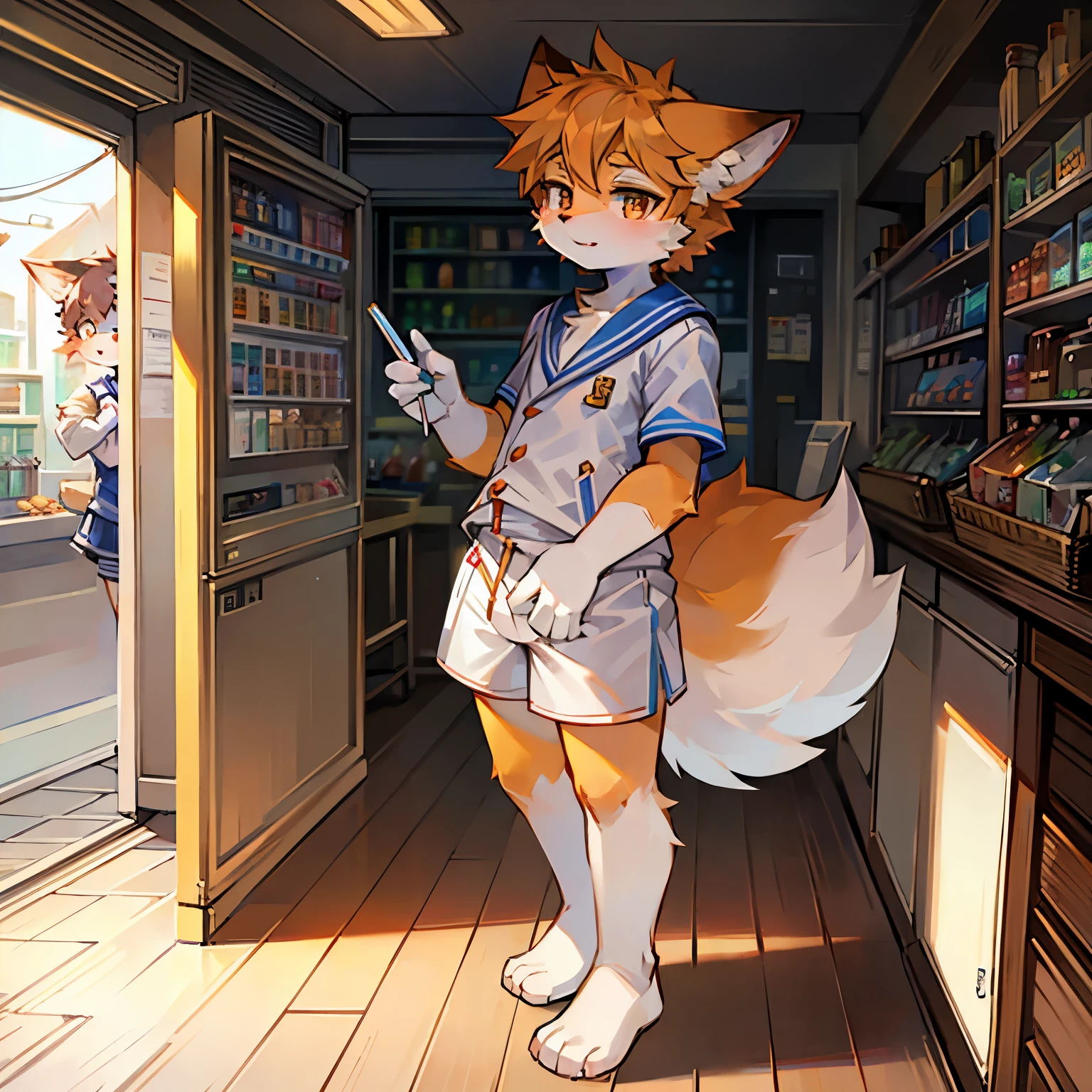 bright interior，fox boy，male focus，furry men，Characteristics of a three-year-old boy，One meter three height，Bright Eyes，skin，White limbs，Sailor suit，Sailor suit，shorts，Convenience store background