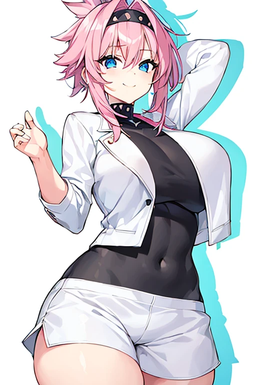 1girl, pink hair, spiked hair, black headband, headband, large breasts, breasts, thick thighs, wide hips, smile, blue eyes, white pants, white shorts, short pants, jacket, white jacket, cropped jacket, black shirt, shirt, eula, eula /(genshin impact/)