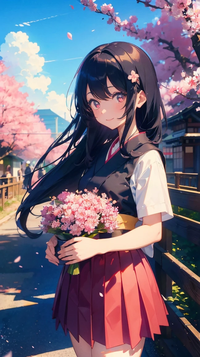 1 anime girl, girls in the Meiji Period,Hakama with crest,alone,Black petals flutter, A mysteriously shining butterfly.city,Black vibrant hair,bright black jewel eyes,short bob,thin legs,very clear,highest quality,smile,,cherry blossomsの花びらに触れる,cherry blossoms,turn to the side,空に舞うたくさんのcherry blossomsの花,beautiful blue sky,meteor,Meiji-era cityscape,Taisho Roman,