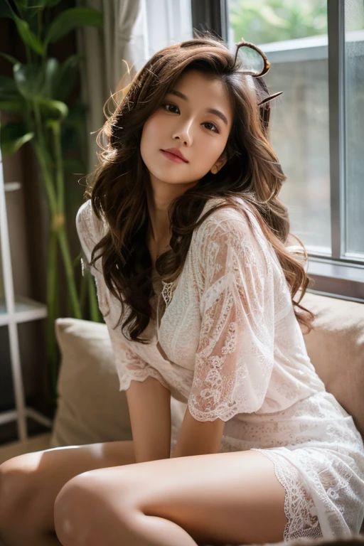 - High resolution, Asian model, Semi-Long Brown Hair (Curly Ends:1.2), White Lace Teddy, Spread Legs, Looking at Viewer, Soft Glow from Window, Intimate Bedroom Atmosphere
