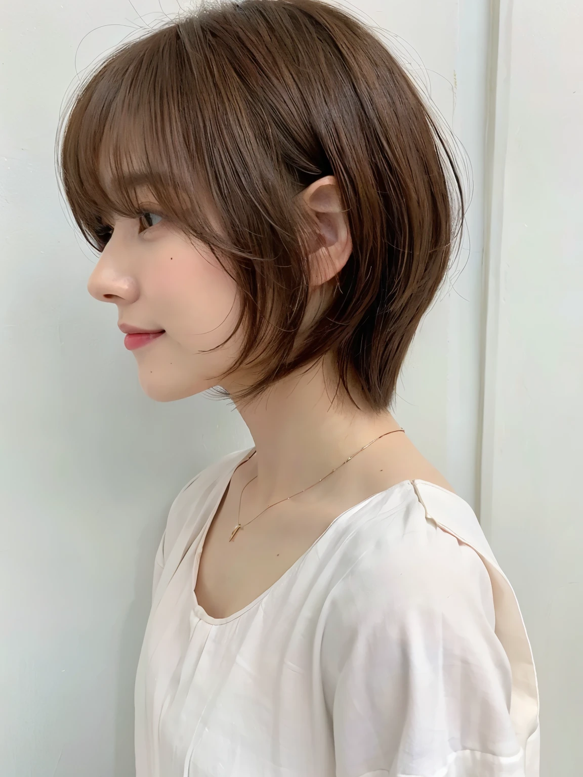 white wall、Taken in front of the white door、(窓のあるwhite wallの部屋)、(8K、Live shooting、highest quality、masterpiece:1.2)、High-definition RAW color photo、professional photos、(genuine、フォトgenuine:1.37)、Photographed in natural light、1 girl、lazy smile、(various poses)、Blake is (ombre:1.3) 、spring clothes、 necklace、(Beautiful profile:1.3)、don't look at the camera、profile、shortcut、((brown hair))、short hair、Eye color is dark brown、(Beautiful profile:1.3)、correct hand of human body、look down、pastel colored blouse