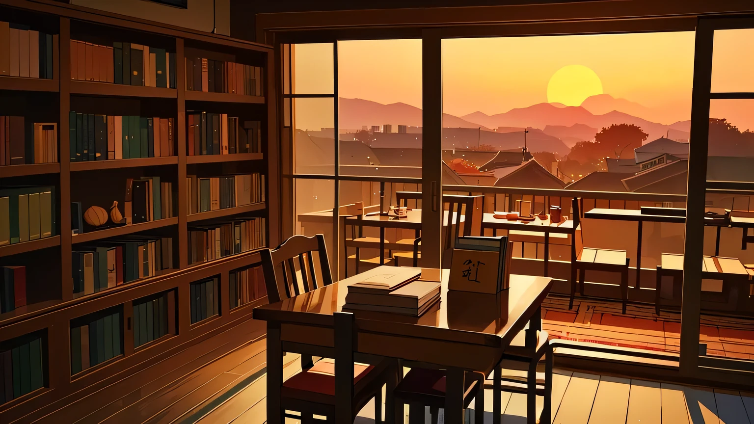 (best quality), (masterpiece), a cozy South Korean cafe at sunset, (sunset:1.3), with warm lighting, vintage decor, (bookshelves:1.2), (coffee:1.1), (relaxing atmosphere), (autumn colors:1.25), (soft focus:1.15), (bookworm:1.2), (tranquil ambiance:1.3), (peaceful:1.1), (nostalgic feel), (quiet:1.2), (harmonious:1.1)
