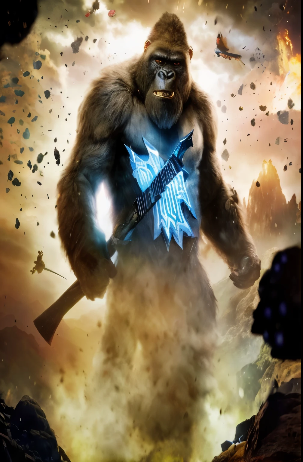 Imagen arafed de un gorila con una espada en una cueva., rey kong, an rey kong rage on street, kong: skull island (2017), from kong skull island (2017), wojtek fus, fondo de pantalla 4k de alta calidad, Sasquatch enojado, thertrevkaiser, movie promotional art, gorilla, arte generado por computadora, Promotional image of the film