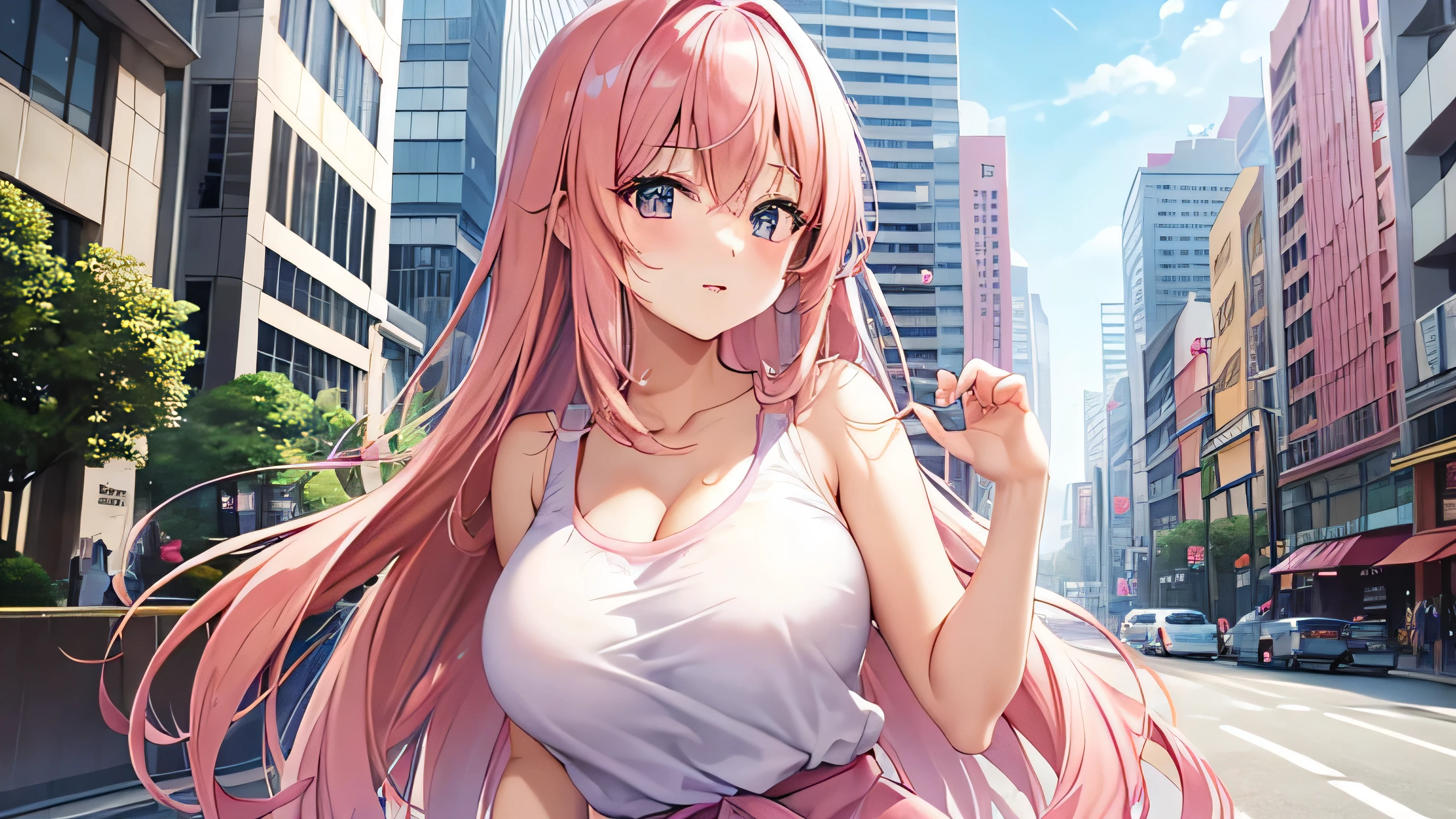 anime、pink hair、big breasts、valley、white sleeveless shirt、pink shorts、city road、one person