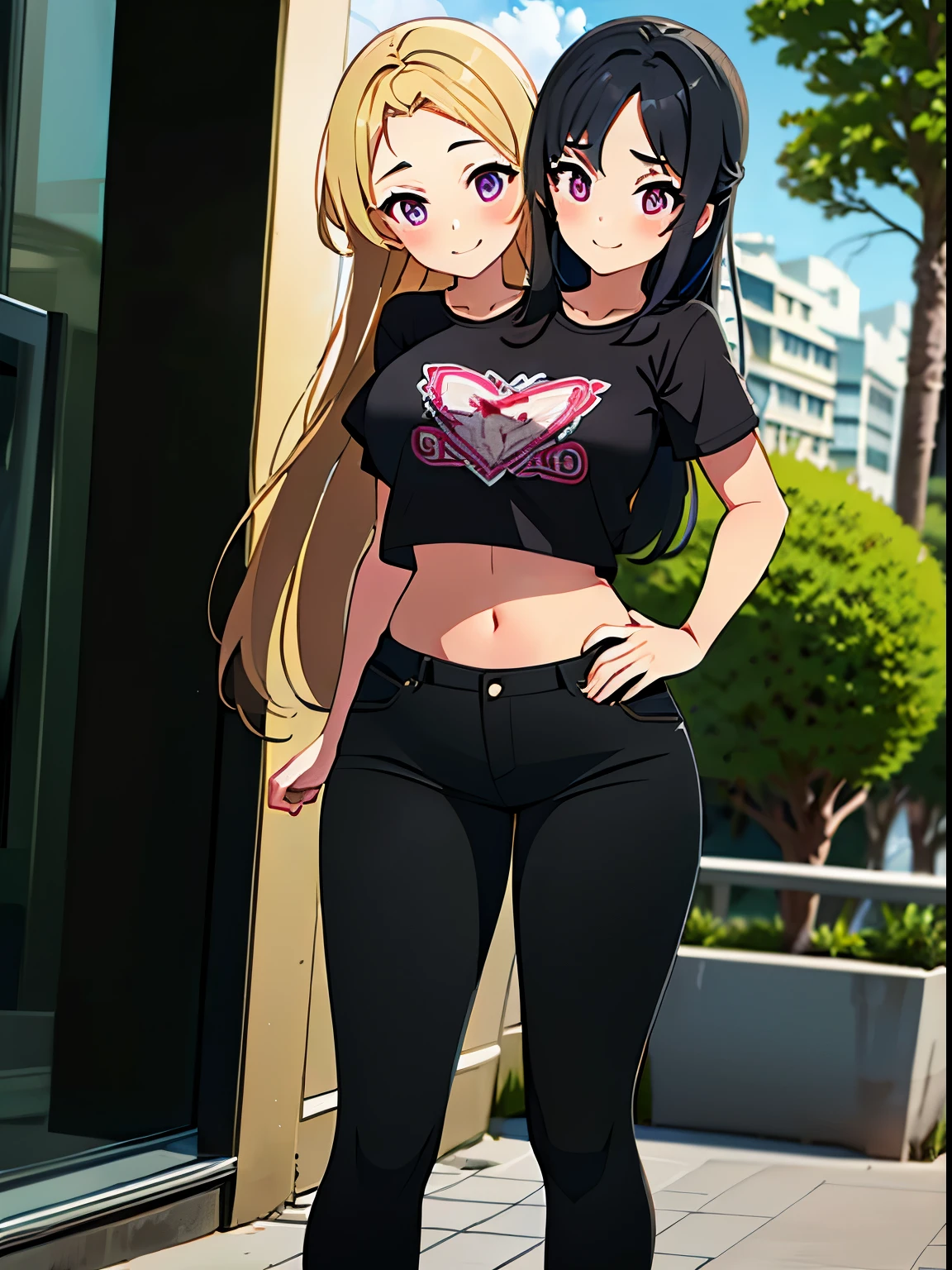 (masterpiece),(ultra-detailed), (high quality), (high resolution), (best quality:1.5, highres, UHD), highres, absurdo, ultra detail, ultra quality, ((2heads:1.5)), 1girl, Ultra resolution, 16k, best quality, 1girl, (blonde hair), (black hair), long hair, violet eyes, black t shirt, ((5 foot girl)), teenage girl, midriff.((black pants), pink skirt pants, gentle smile, blushing, figure