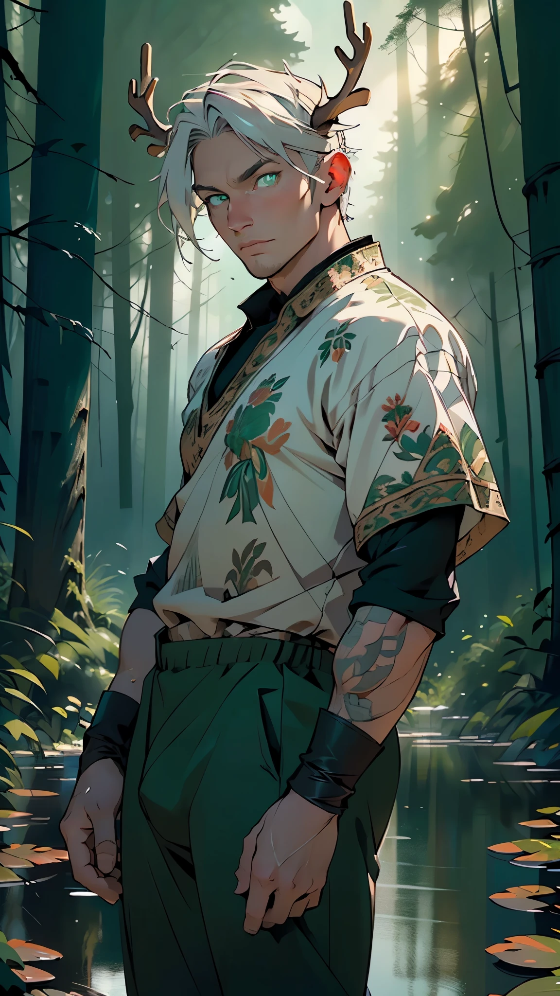 mythological half man half deer, Nordic,man:1.5,1 man,,(male,muscle,1boy, 1 boy,pectoral,man chest, muscular), 25 year old man,young,((1male,1 male,1man,man,male gender:1.5,handsome man,male focus)),((man with very thick antlers:1.5,huge elk antlers:1.5,elk_antlers:1.5,deer antler,)),young handsome male,(silver hair),(((green_eyes:1.3))),intricate eyes,beautiful detailed eyes,symmetrical eyes,((detailed face)), defined body,
serious face,evil eyes,
handsome druid with tunic with an acacia tree pattern,((bulge in pants)),((intricate outfit,intricate clothes)),
(dynamic pose:1.0),mocking,(centered,scale to fit dimensions,Rule of thirds),
((snowy pine forest at night, dark forest, swamp, murky water, foggy, creepy aura, eerie atmosphere)),with dark stormy clouds,winter,scenery:1.25,intricate scenery,((snow forest background)),
(Glossy winter ornaments),highres,sharp focus,(ultra detailed,extremely detailed),(photorealistic artwork:1.37),(extremely detailed CG unity 8k wallpaper),(((vibrant colors,vibrant theme))),(intricate),(masterpiece),(best quality),artistic photography,(photography taken by sldr),(intricate background),perfect rendered face,perfect face details,realistic face,photo realistic,((intricate detail)),(((realism))),