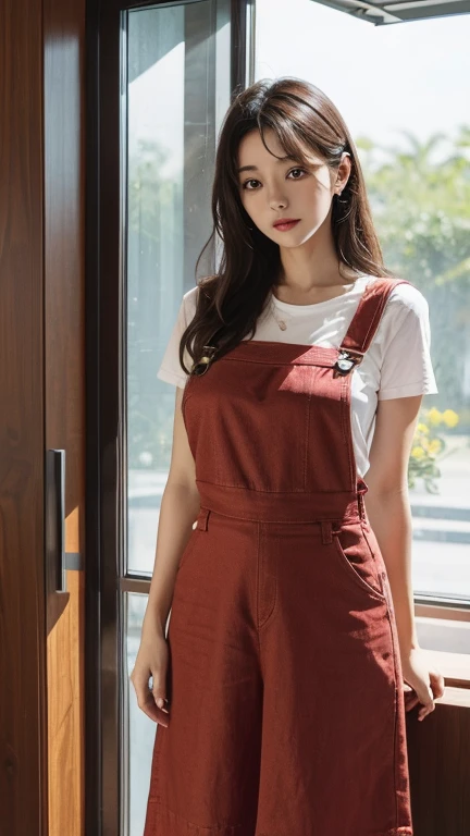 dungarees skirt light red thin flower pattern , big breast