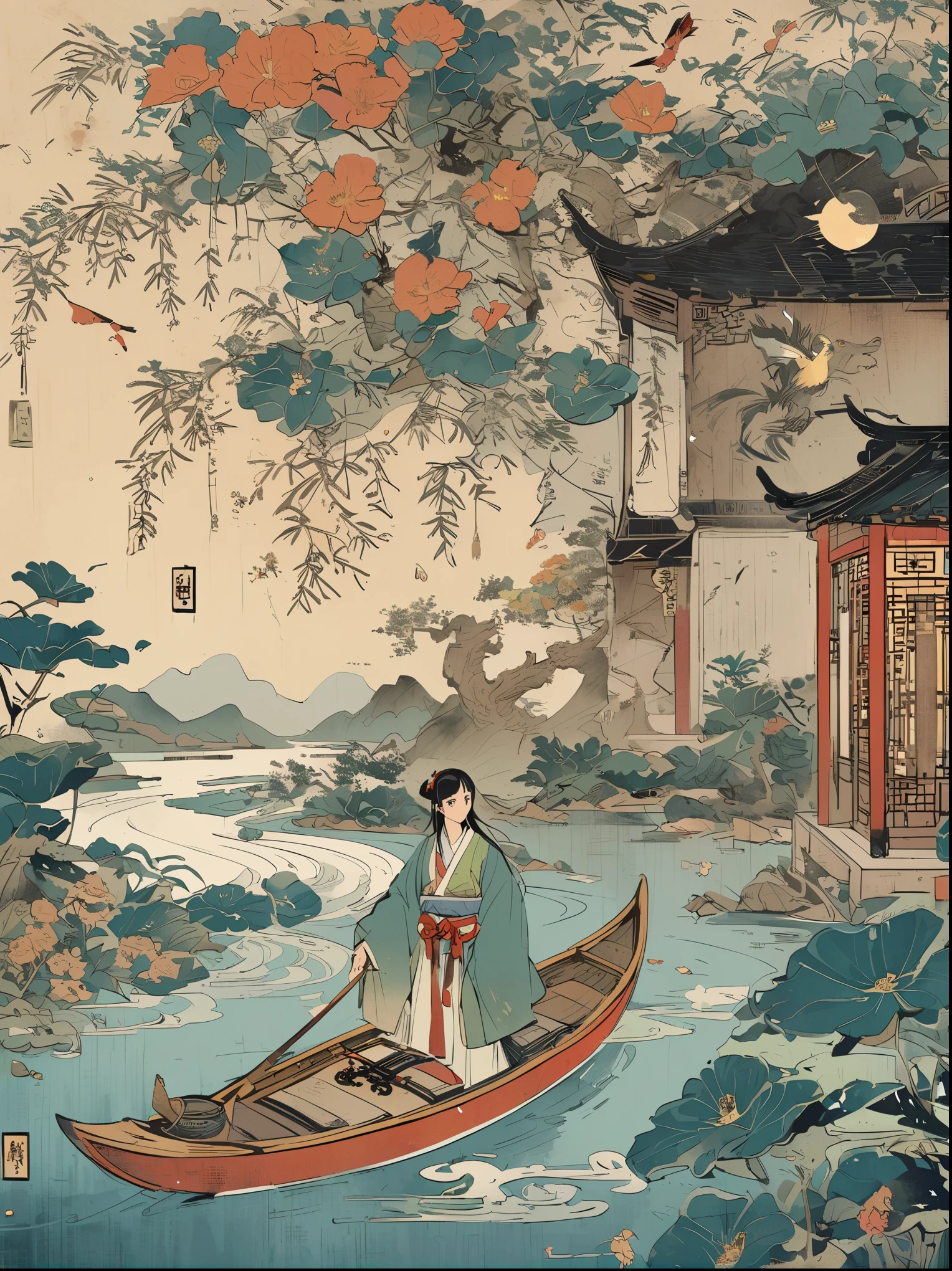 A Chinese style mural,In the center of the picture is an ancient silver dragon and a girl wearing white Hanfu.,Clouds and mist floating on the deep blue ocean waves。The character's expression is serious and mysterious,Wearing earrings、necklace、ring、bracelet、Beautiful decorations such as flowers and ribbons。Before her lay a boat,Full of moonlight passing through the clouds。It features flat illustrations in the style of color woodblock prints,Dark gold black white gray green color scheme and planes in Chinese punk style。Very detailed。