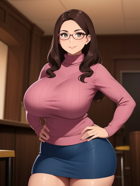 Latina Woman, Big breasts, Large breasts, gentle woman with long, dark brown hair and a pretty, serious face. His glasses magnified his soft brown eyes. dark Pink sweater, blue skirt, slim body, smile, at the liveroom, one hand on the hips