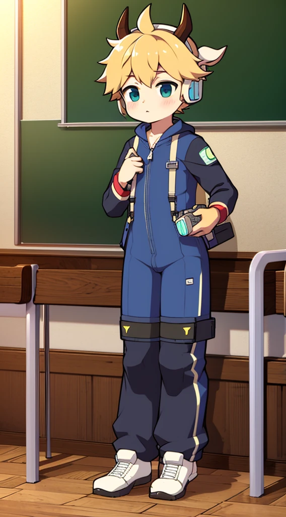 2D boy Shota,One-piece mountaineering suit,Put the headphones on your head,standing,goggles,horns,cow ears,sports shoes,classroom