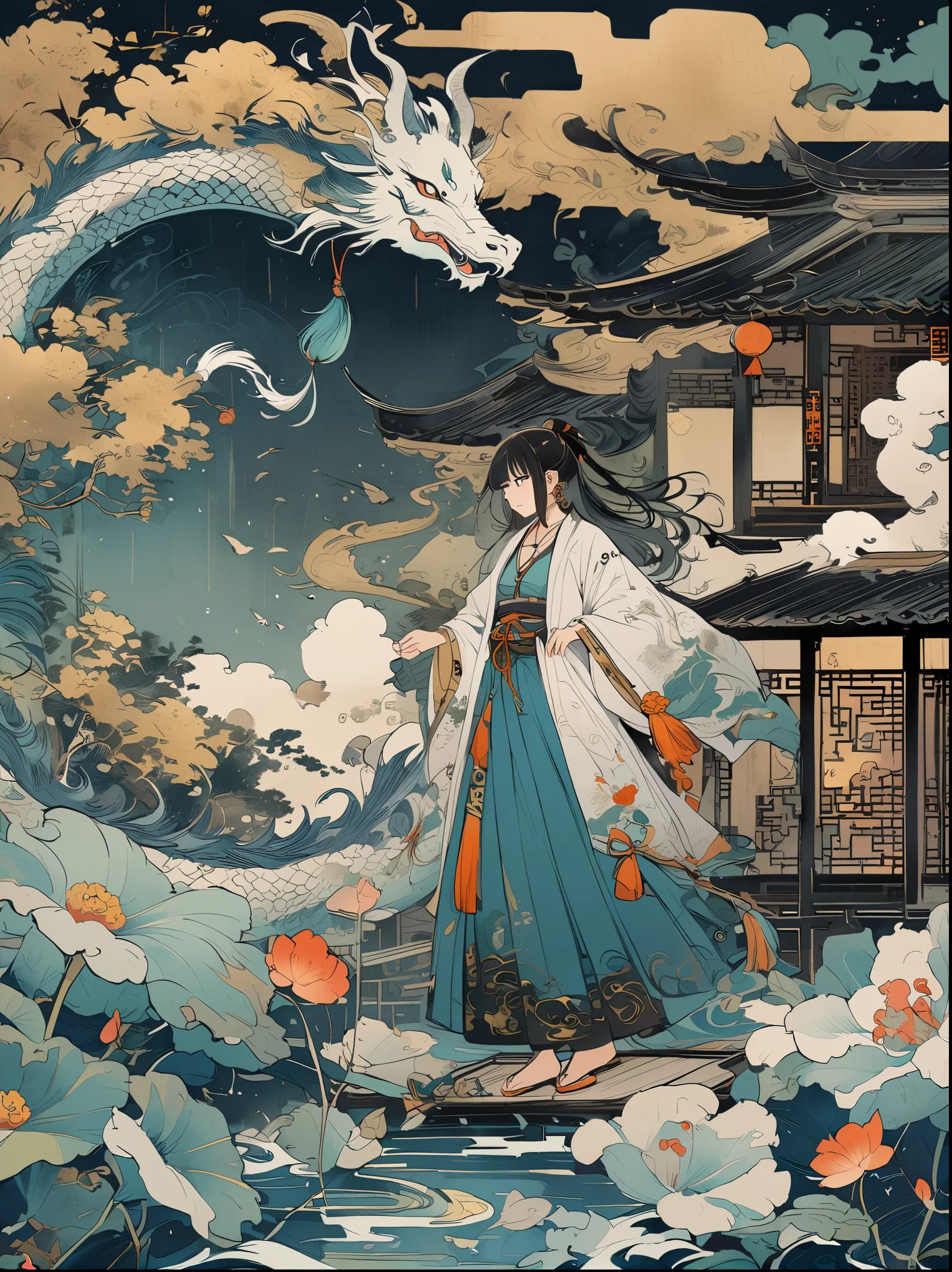 A Chinese style mural with an ancient silver dragon and a girl wearing white Hanfu in the center of the composition surrounded by clouds and mist floating on dark blue sea waves . The character ' s expression is serious and mysterious , adorned with exquisite jewelry such as earrings , necklaces , rings , bracelets , flowers and ribbons . In front of her lies a small boat filled with moonlight shining through clouds . It features flat illustrations in the style of colorful woodcut prints , with a dark gold black white gray green color scheme in the style of Chinese punk and flat painting . Highly detailed .