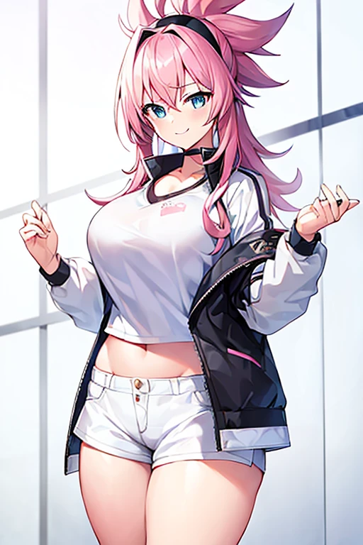((Masterpiece)), best quality, absurderes, ultra detailed, holographic, cowboy shot, dynamic pose, golden ratio, super cute girl, mature girl, idol girl, super beautiful asian girl with very beautiful violet glowing eyes, beautiful glowing brown multicolored hair, high ponytail, nice and sexy body, slim body, perfect body, wearing a super tight anime printed leotard, an anime printed super tight off shoulder short sleeve crop top, a super aesthetic transparent mini jacket, beautiful hair ornament, pink jordan tennis, being photographed in the dancing arcade games