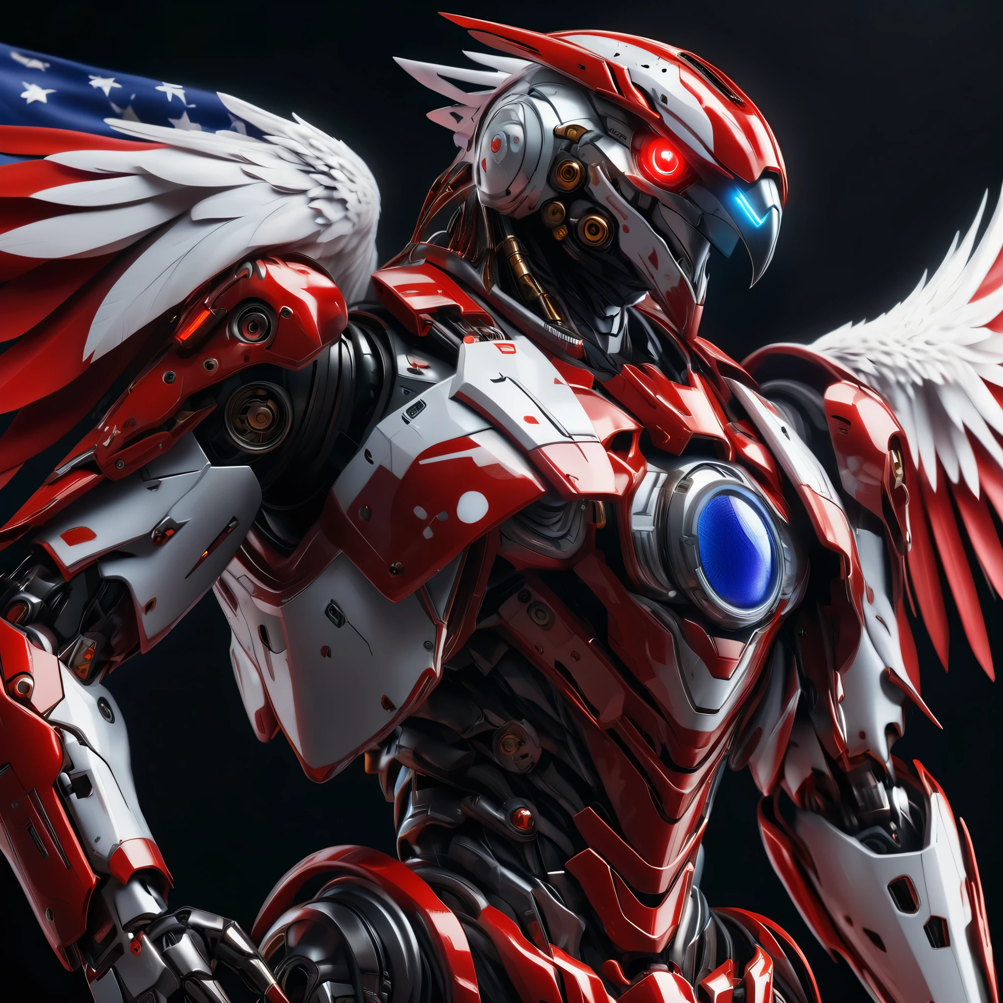an ultra detailed, hiper realism, digital art, of a mecha eagle, red eyes, with in an elegant red and white cyborg armor with mechanic parts and cyborg helmet with the united states flag on background photo , sci-fi armor, super detailed armor, carbon textures, ghost in the shell, deus ex, full body shot, action pose, ultra sharp focus, award winning photography, perfect contrast, high sharpness, depth of field, ultra detailed photography, global illumination, smooth, 35mm, full body vision, ultra high definition, 8k, unreal engine 5, ultra sharp focus, award winning photography, trending on artstation