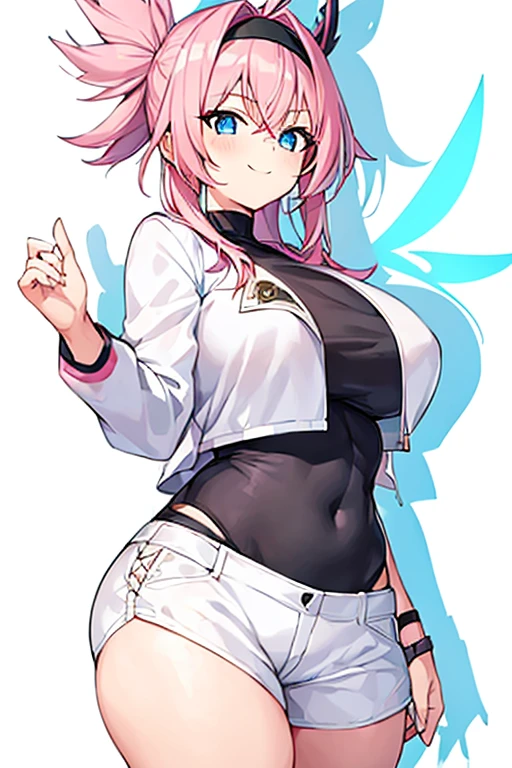1girl, pink hair, spiked hair, black headband, headband, large breasts, breasts, thick thighs, wide hips, smile, blue eyes, white pants, white shorts, short pants, jacket, white jacket, cropped jacket, black shirt, shirt, eula, eula /(genshin impact/)