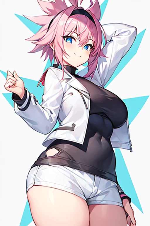 1girl, pink hair, spiked hair, black headband, headband, large breasts, breasts, thick thighs, wide hips, smile, blue eyes, white pants, white shorts, short pants, jacket, white jacket, cropped jacket, black shirt, shirt, eula, eula /(genshin impact/)