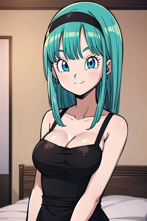 bulla, long hair, straight hair, aqua hair, blue eyes. 
1girl, solo, medium breasts, black dress, bedroom, indoor, black hairband, smile, 
 