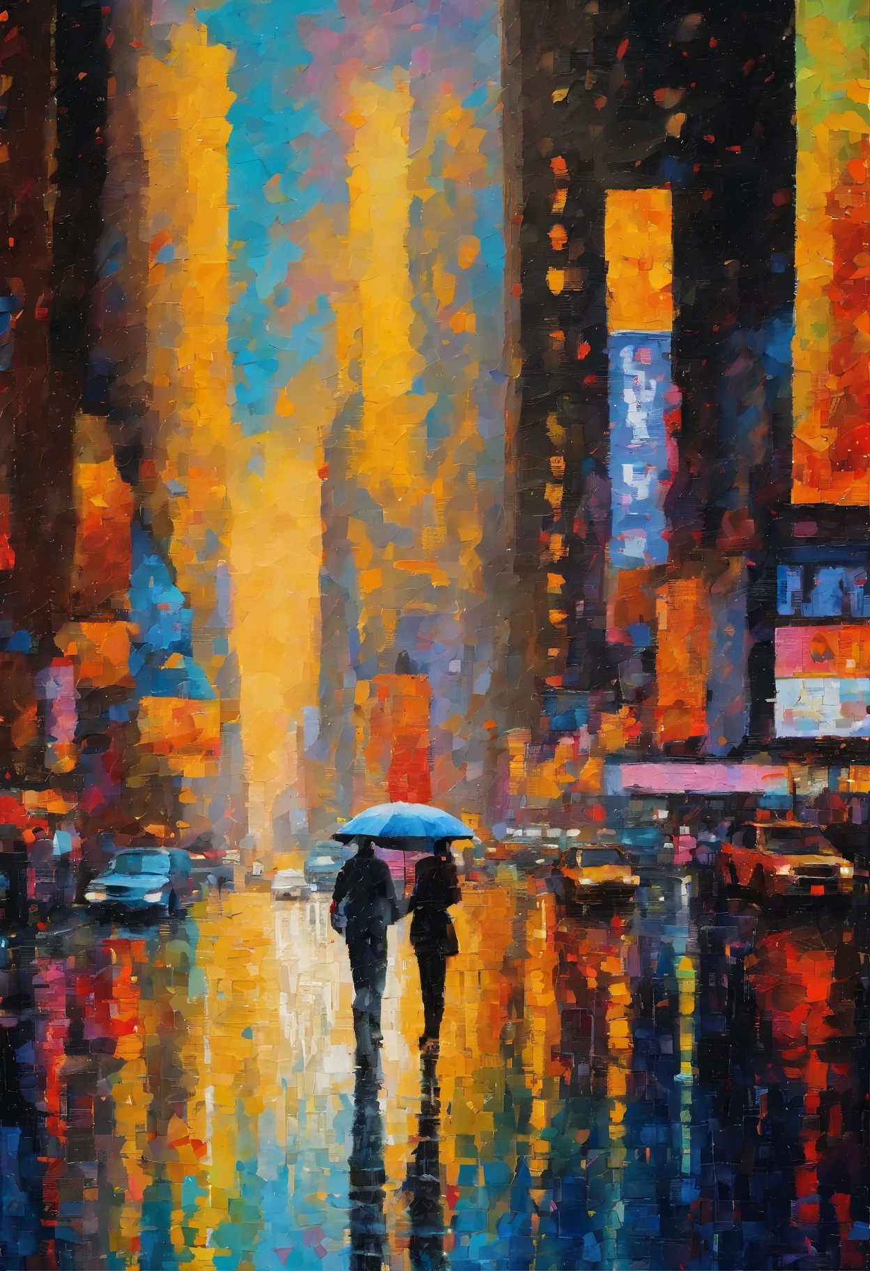rainy day in times square , new york city. city life. traffic, people. busy intersection. rain and reflections of wet road