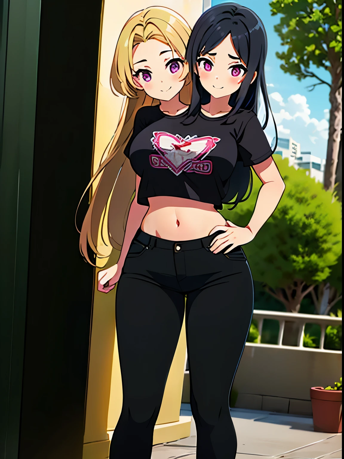 (masterpiece),(ultra-detailed), (high quality), (high resolution), (best quality:1.5, highres, UHD), highres, absurdo, ultra detail, ultra quality, ((2heads:1.5)), 1girl, Ultra resolution, 16k, best quality, 1girl, (blonde hair), (black hair), long hair, violet eyes, black t shirt, ((5 foot girl)), age girl, midriff.((black pants), pink skirt pants, gentle smile, blushing, figure