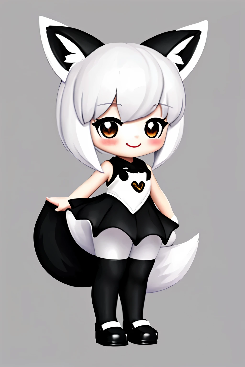 A girl with striking white hair、Fox ears and tail、hair ornaments、black pantyhose、sleeveless、smile、Cute shoes with accessories、hold one's knees