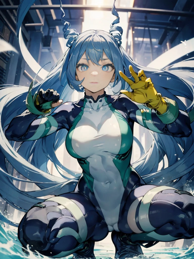 Nejirehadu, Nejire Wave, blue eyes, blue hair, long hair,
壊す blue body suit, body suit, drill hair, gloves, green body suit, multicolored body suit, colorful clothes, yellow gloves,
((壊す full body)),squat，spread your legs，arms up behind，
break white background，Break from below，looking down，lower your gaze，
breaking dynamic shot，kung fu pose，highest quality, High resolution, unity 8k wallpaper, (shape:0.8), (beautiful and detailed eyes:1.6), highly detailed face, perfect sentence, Detailed CG, (perfect hands, perfect anatomy),