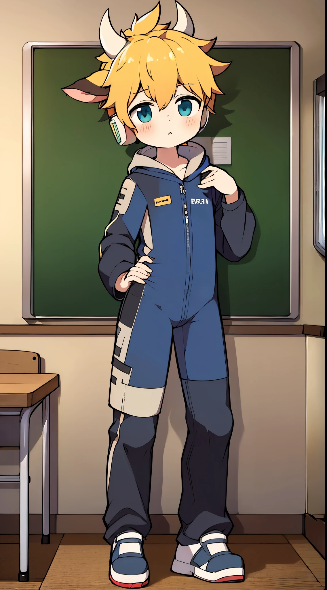 2D boy Shota，One-piece mountaineering suit，Put the headphones on your head，standing，goggles，horns，cow ears，sports shoes，classroom