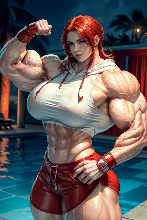 ((((Massive tall, beautiful, buff, wet, pale white skinned muscular woman with wet red hair, ginormous muscles, flexing biceps and wearing a red cropped hoodie red dolphin shorts)))), close view, massive muscle, massive biceps, hyper muscle shoulders, ((massive muscle arms)) vascular shoulders, hyper muscle triceps, (long hair), yellow eyes, choker, sneakers, in a hot outdoors gym, (fingerless gloves), confident smirk, night, hyper vascular arm, hyper muscles arms, hyper muscle legs, (massive arms).