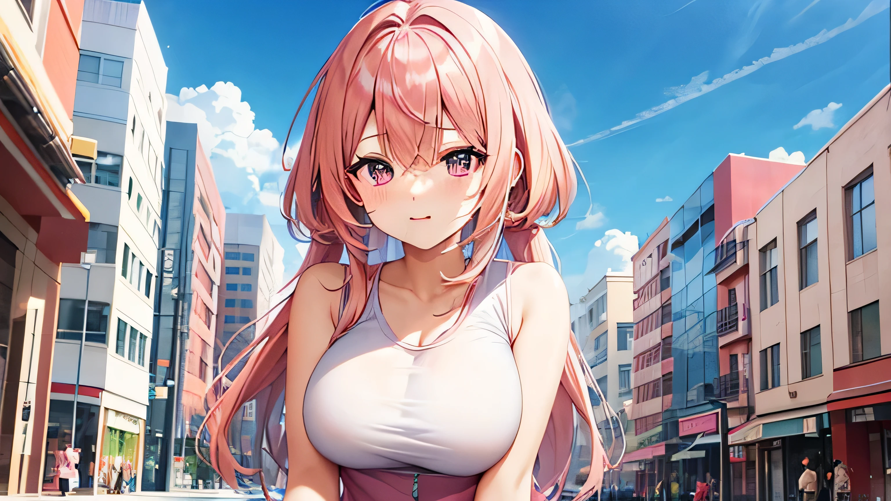 anime、pink hair、big breasts、valley、white sleeveless shirt、pink shorts、city road、one person