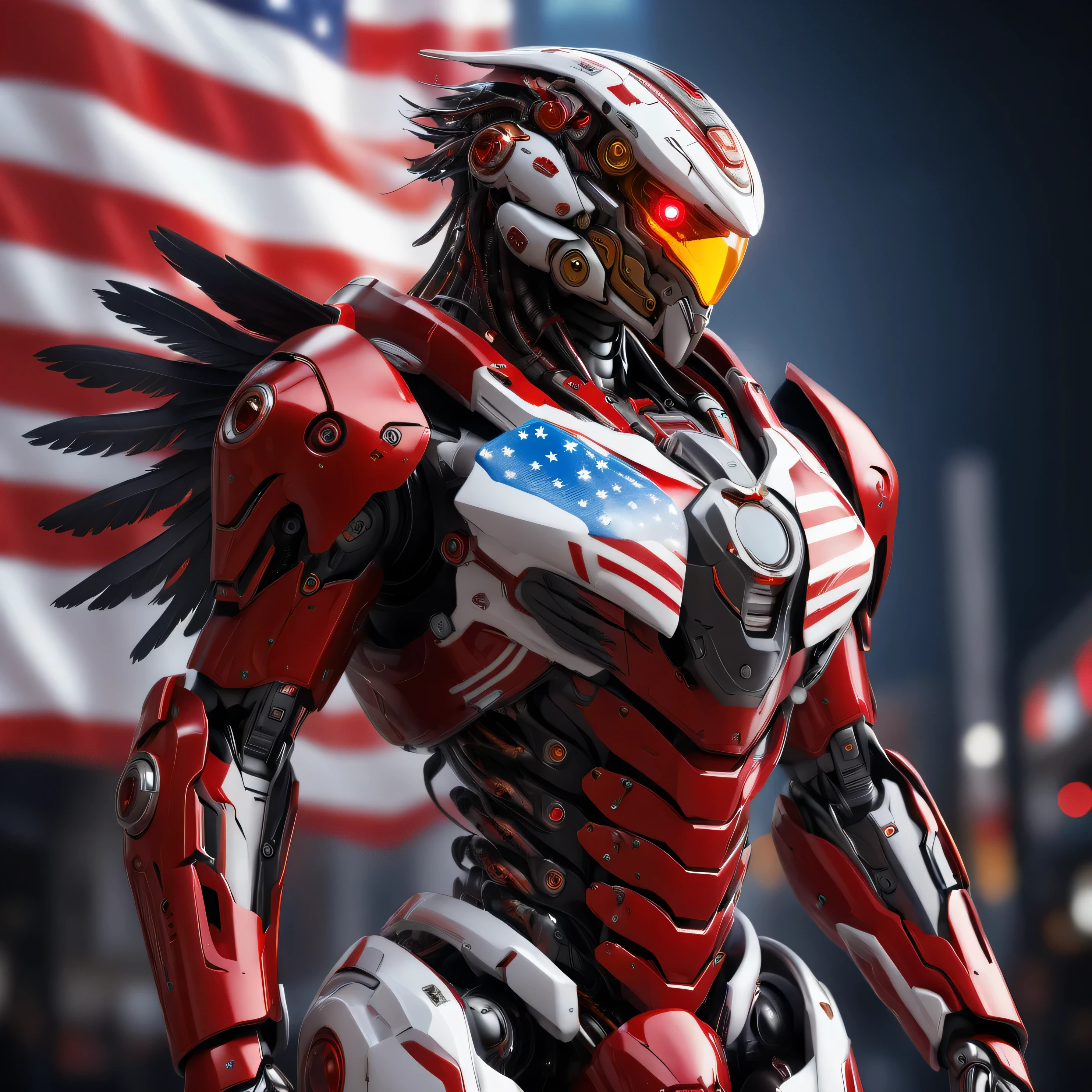 an ultra detailed, hiper realism, digital art, of a mecha eagle, red eyes, with in an elegant red and white cyborg armor with mechanic parts and cyborg helmet with the united states flag on background photo , sci-fi armor, super detailed armor, carbon textures, ghost in the shell, deus ex, full body shot, action pose, ultra sharp focus, award winning photography, perfect contrast, high sharpness, depth of field, ultra detailed photography, global illumination, smooth, 35mm, full body vision, ultra high definition, 8k, unreal engine 5, ultra sharp focus, award winning photography, trending on artstation