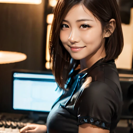Japanese brunette short hair aged 20 in a recording studio