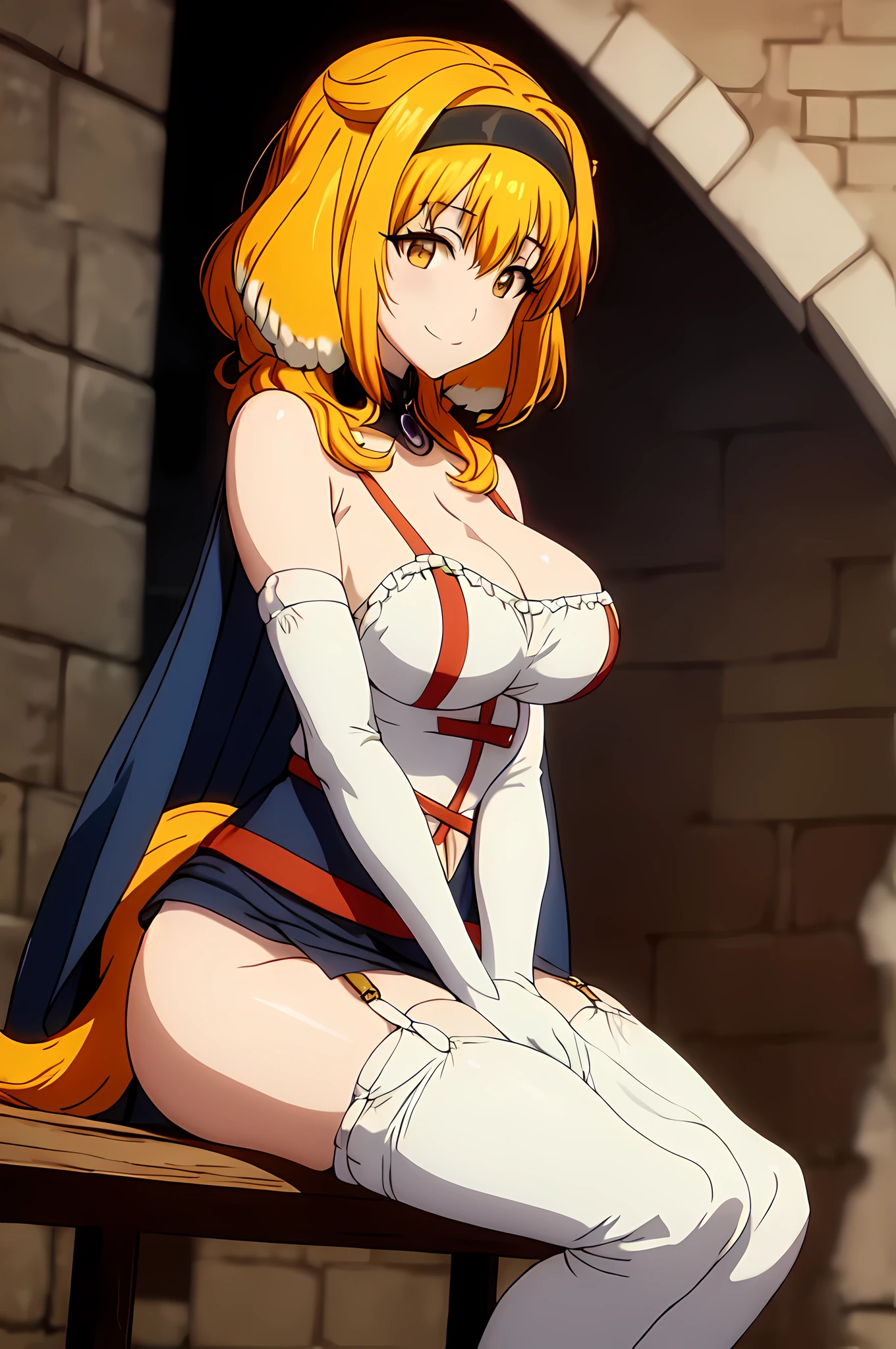 masterpiece, best quality, roxanne AND lianna, hair ornament, circlet, cape, armored dress, elbow gloves, blue skirt, thigh boots, garter belts, sitting, from side, hands on own lap, from above, smile, looking at viewer, closed mouth, gold eyes, yellow eyes, no visible ears, no ears, dog tail, medieval architecture, castle, garden