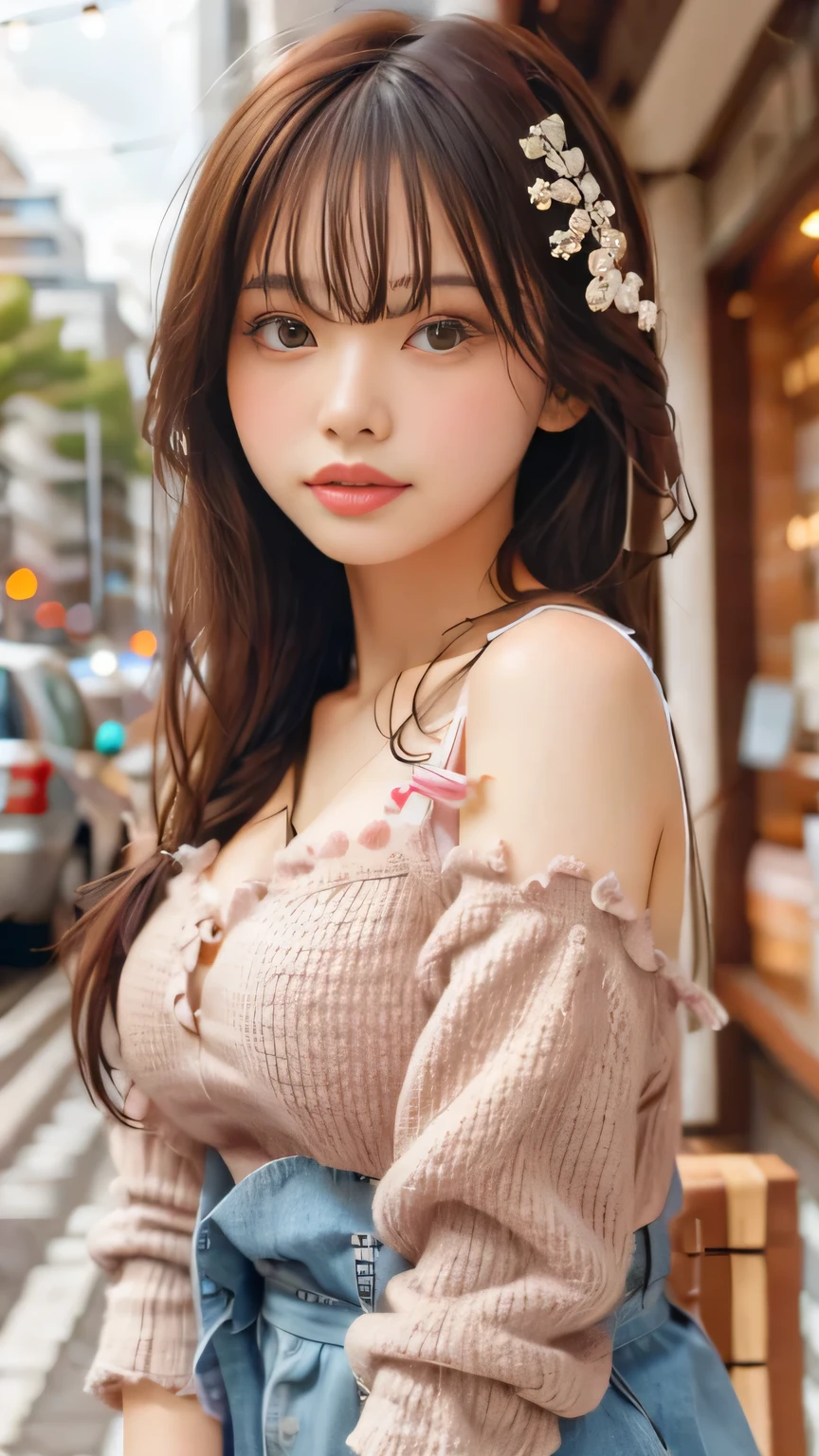 sexy big breasts、18 year old beautiful girl sexy and cute looks and cute, Beautiful and sexy face、The strong wind blows the hair in front of my face、Metallic pink long French braid hair with cute and sexy eyes hidden by long bangs