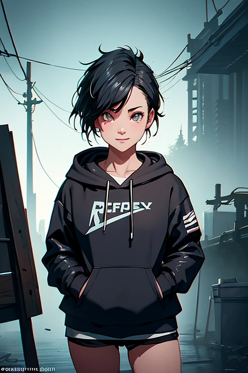 cute athletic female, 
short bobcut black hair, 
smile,
wet ckin,
 hoodie, 
ponytail,  
perfect face, 
art by Jeremy Mann, 
Carne Griffiths, 
Robert Oxley, 
craig mullins, 
extreme detail, 
atmospheric, 
detailed, 
vibrant, 
production cinematic character render, 
ultra high quality model