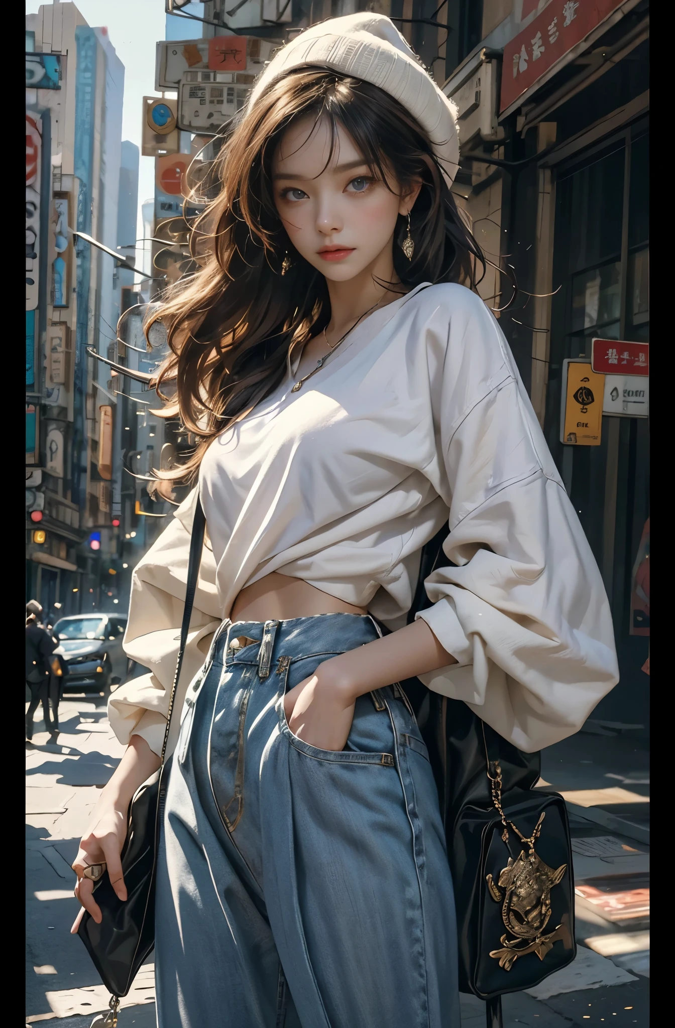 Photo of a beautiful woman standing on a street corner, Perfect model body shape, Stylish pants style, colorful purple shirt, Stylish hats, very stylish, with influence of Jeremy Mann, Jeremy Mann, style of Jeremy Mann, Jeremy Mann painting, Jeremy Mann art, Ron Hicks, Liepke, Jeremy Mann and alphonse mucha, Works that influenced Edmund Blampid, robert lenkiewicz, Casey Baugh and James Jean, Works that influenced Willem Kalf, Nick Alm, tumbler, figurative art, intense watercolor, watercolor detailed art,Beautiful and expressive paintings, Beautiful artwork illustration, wonderful, cool beauty, masterpiece, highest quality, official art, perfect composition, perfect angle, best shot, The perfect subject, women only, sharp outline, romantic, Moody, very beautiful and detailed eyes, beautiful and delicate eyes, ideal animation, sentimental,Hongkong, close