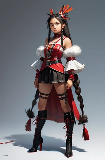 illusion of a indigenous girl in 100 years later, with a red black harness on top, long dread hair with feathers, high heels boots, accessories on her arm
